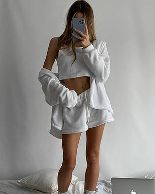Махрова жіноча піжама-трійка (шорти + топ + кардиган) чорна, біла