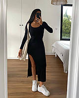 Женское однотонное длинное платье с разрезом (черное, шоколадное, бежевое) S-M, M-L размеры