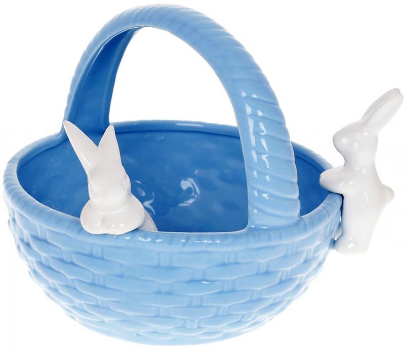 Цукерниця-кашпо "Зайчики у кошику" 22х19х17см, кераміка, блакитний з білим, фото 1