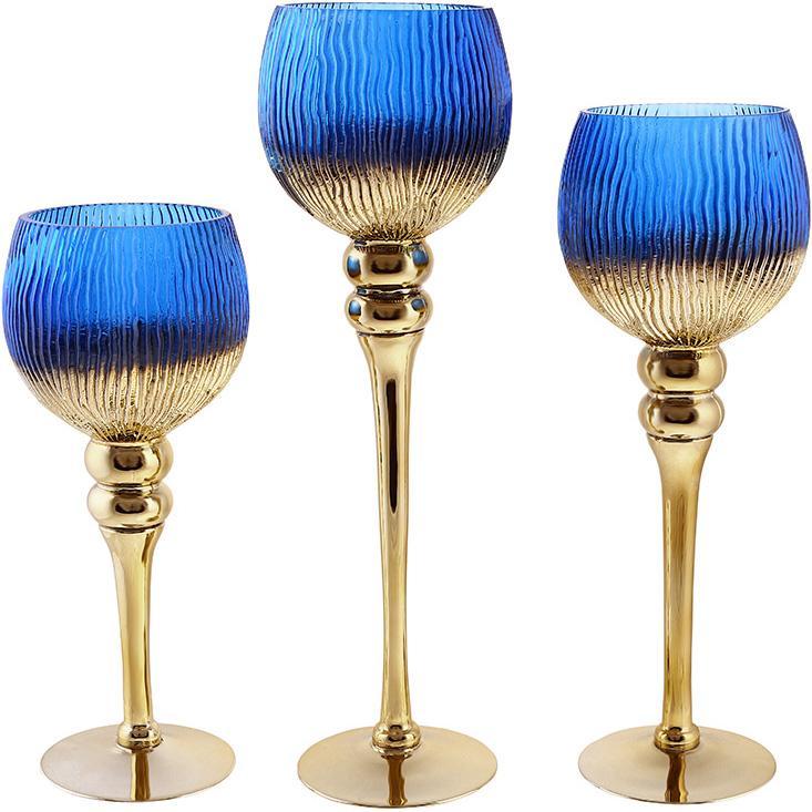 Набір 3 скляних підсвічника Catherine 30см, 35см, 40см, синій із сапфіром, фото 1