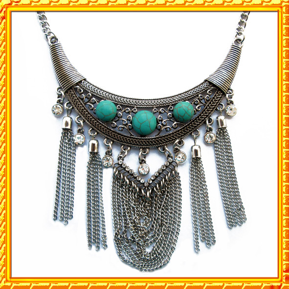 Колье под Серебро Восточное со Вставками Бирюзового Цвета и Стразами, Металл, Длина - 46 см + 6 см.