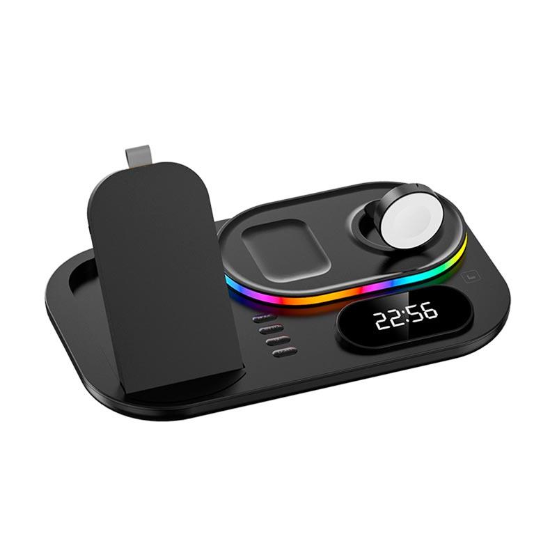 Зарядка Qi 4in1 wireless charger RGB / Clock XYJ A06 |30W Total, Phone/Watch/Earphones| чорна Без бренду