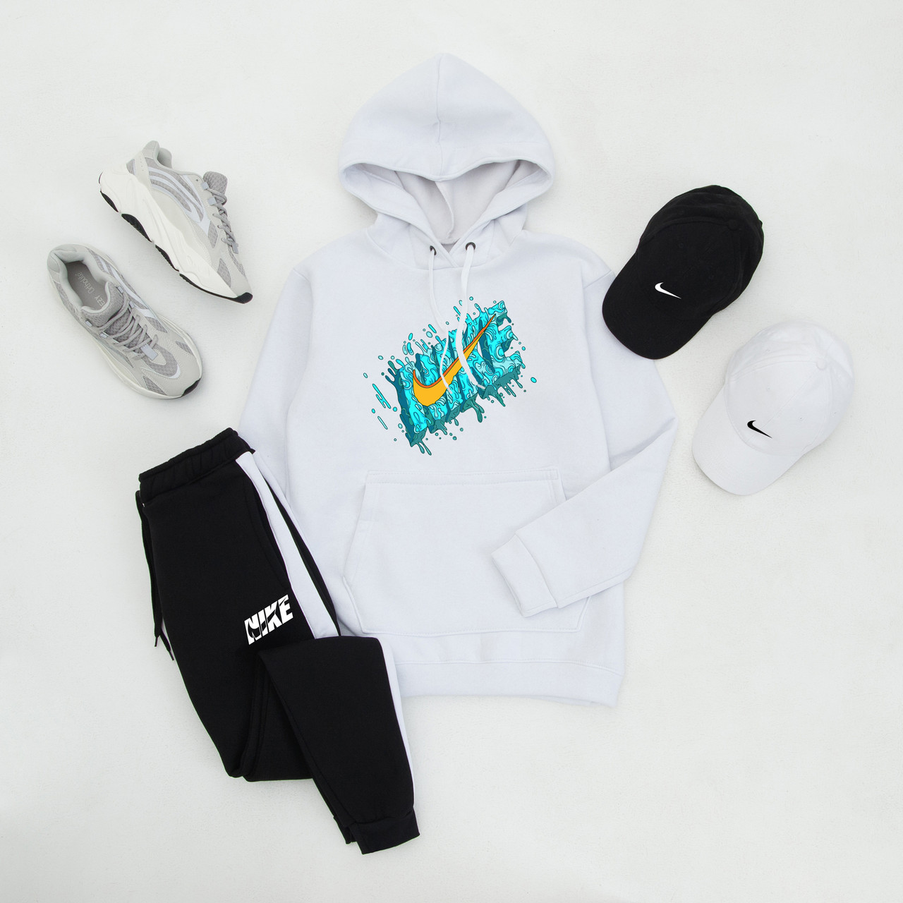Спортивний костюм на флісі Nike graffiti чоловічий зимовий теплий чорно-білий толстовка штани найк зима з начосом