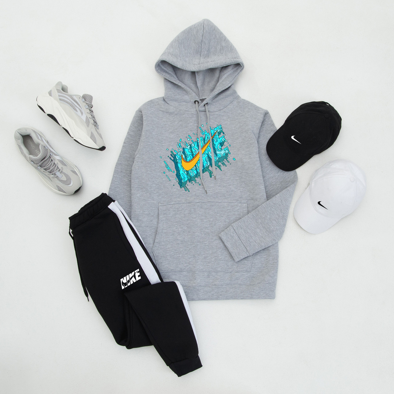 Спортивний костюм на флісі Nike graffiti чоловічий зимовий теплий сірий толстовка штани найк зима з начосом