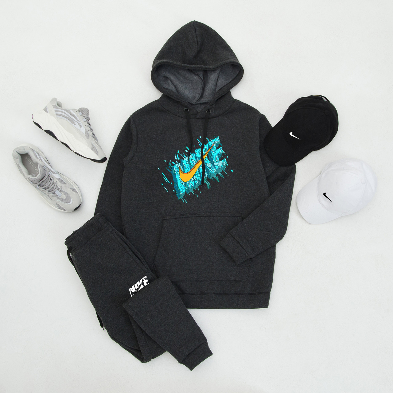 Спортивний костюм на флісі Nike graffiti чоловічий зимовий теплий графітовий толстовка штани найк зима з начосом