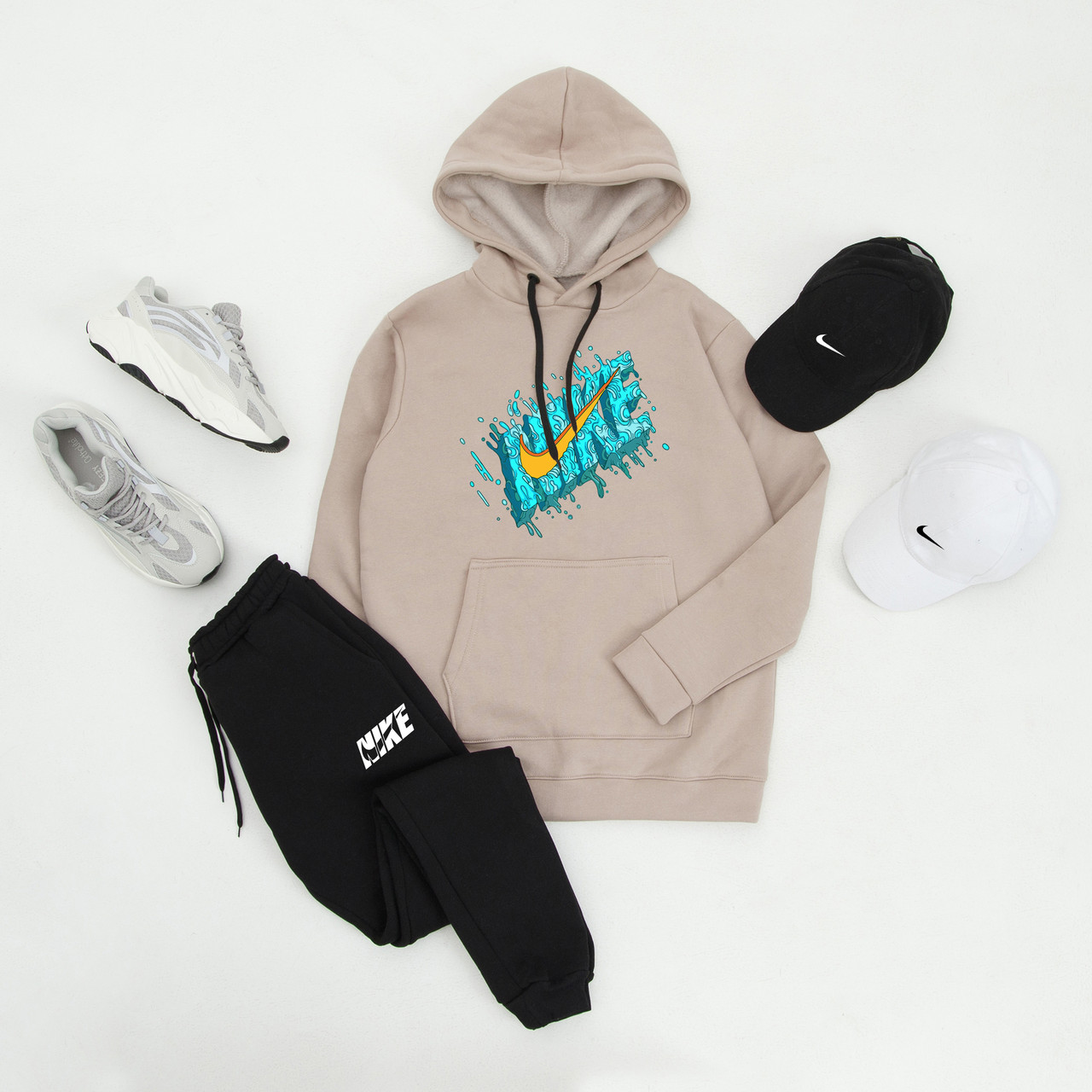 Спортивний костюм на флісі Nike graffiti чоловічий зимовий теплий бежевий толстовка штани найк зима з начосом