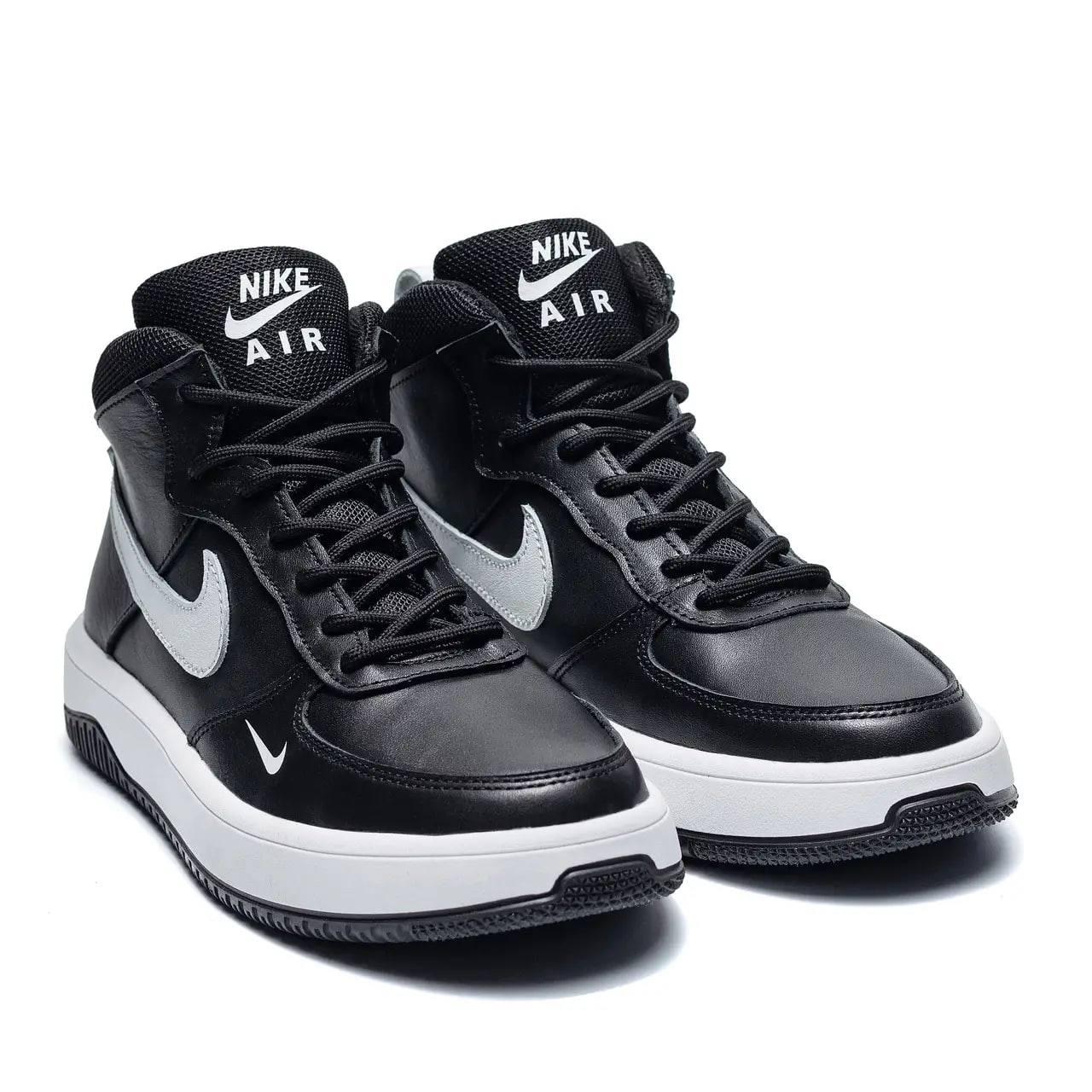 Чоловічі зимові шкіряні кросівки чорні з білим Nike Air Max. Чоловічі теплі кросівки Найк