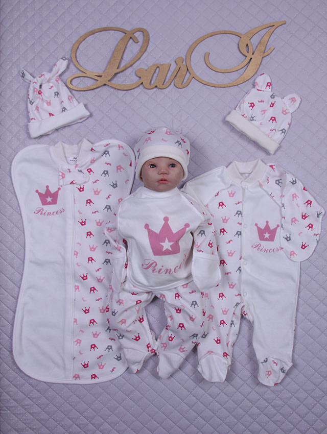 Комплект одягу Princess для новонароджених дівчаток на виписку, молочний з рожевим