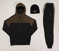 Зимний спортивный костюм Nike + Шапка мужская черно-хаки | Комплект мужской зима теплый Найк на флисе