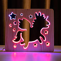 Світильник нічник ArtEco Light з дерева LED "Чарівний єдиноріг" з пультом і регулюванням кольору, подвійним RGB