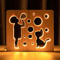 Світильник-нічник ArtEco Light з дерева LED "Хлопчик і бульбашки" з пультом і регулюванням світла, колір теплий