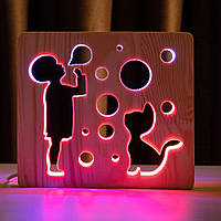 Світильник нічник ArtEco Light з дерева LED "Мальчик і бульбашки" з пультом і регулюванням кольору, подвійним RGB