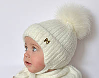 Зимова дитяча шапка Arctic ОГ 44-48 см для дівчаток на флісі з хутром песця 092-МЕТЕЛІК молочна