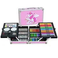 Набор для детского творчества, для рисования 145 предметов в алюминиевом чемодане Единорог, Розовый