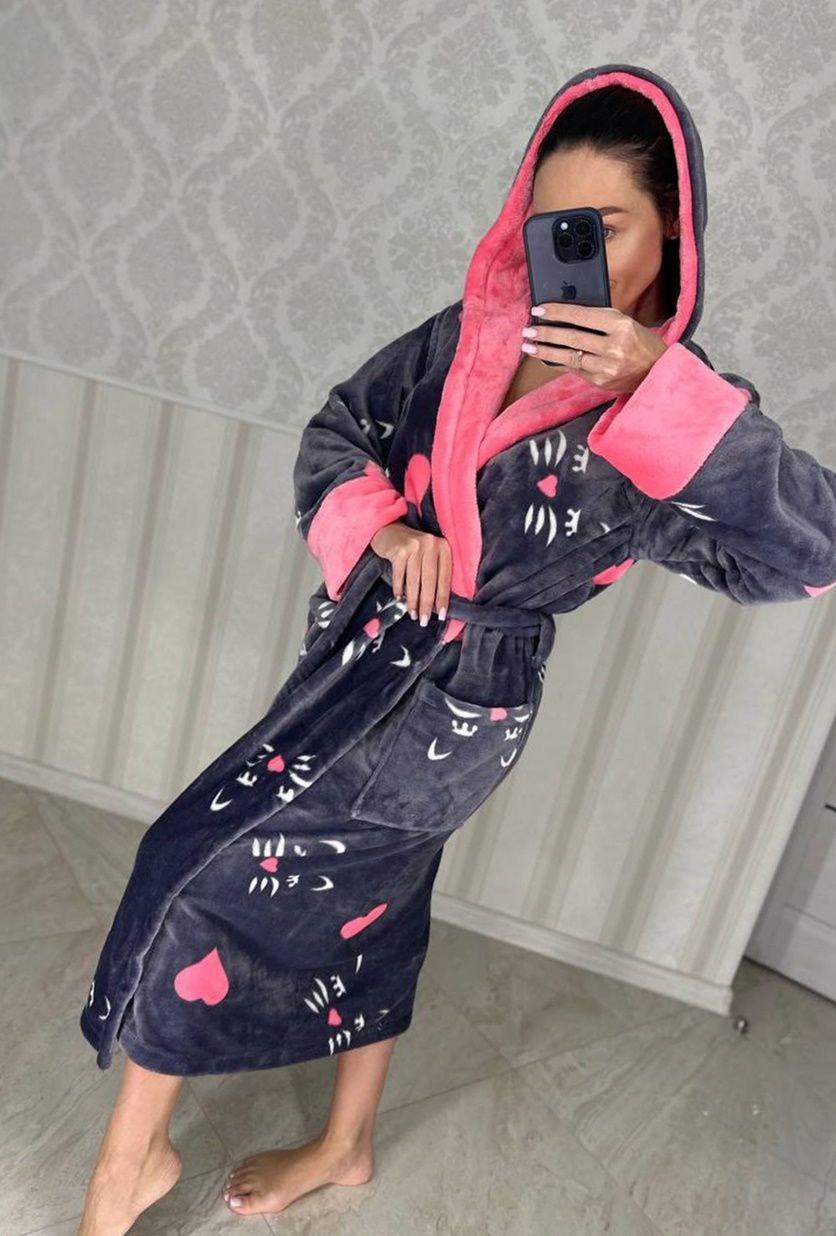 Гарний теплий жіночий довгий махровий халат із серцями Туреччина, фото 1