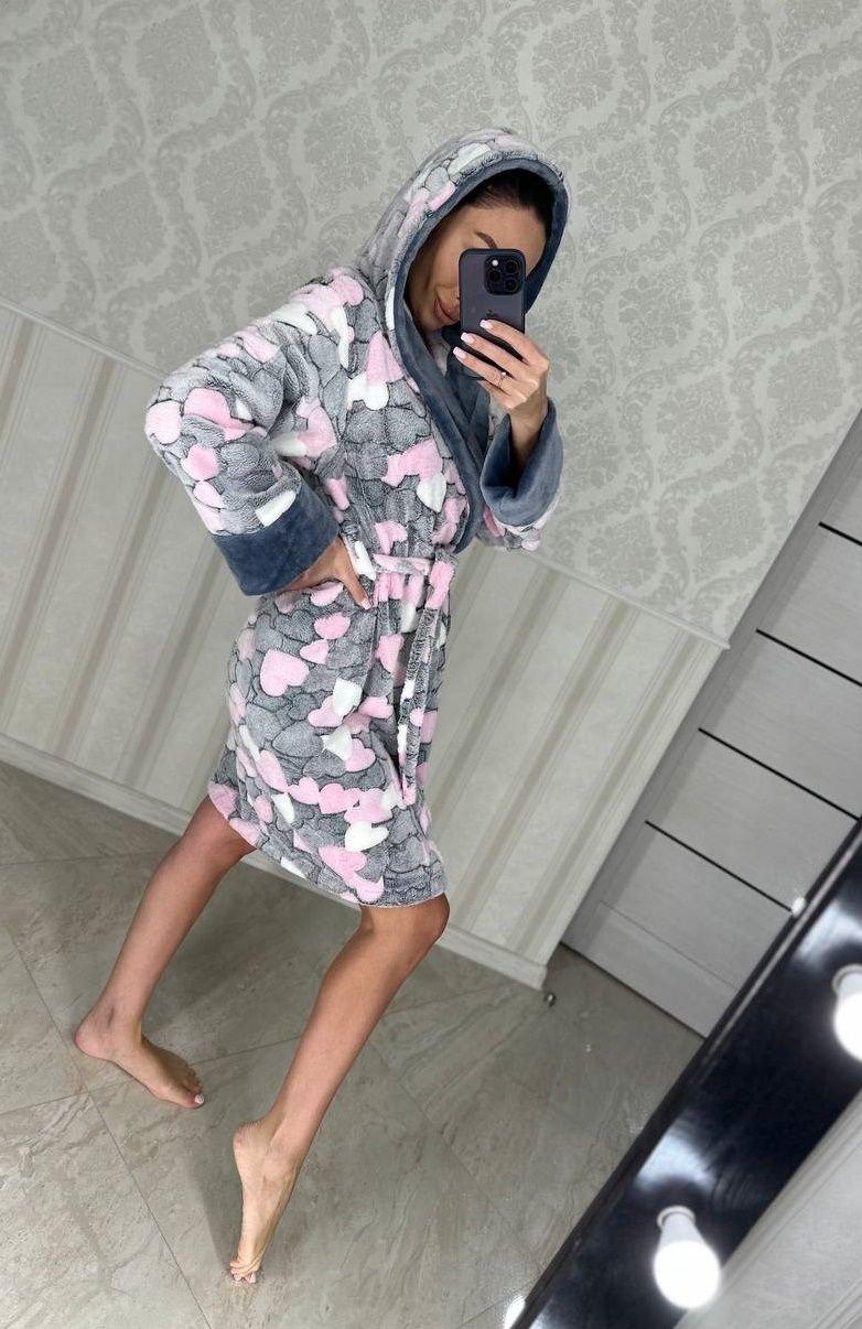 Короткий теплий махровий халат із сердечками Туреччина, фото 1