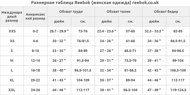 Размерная таблица Reebok (женская одежда) reebok.co.uk