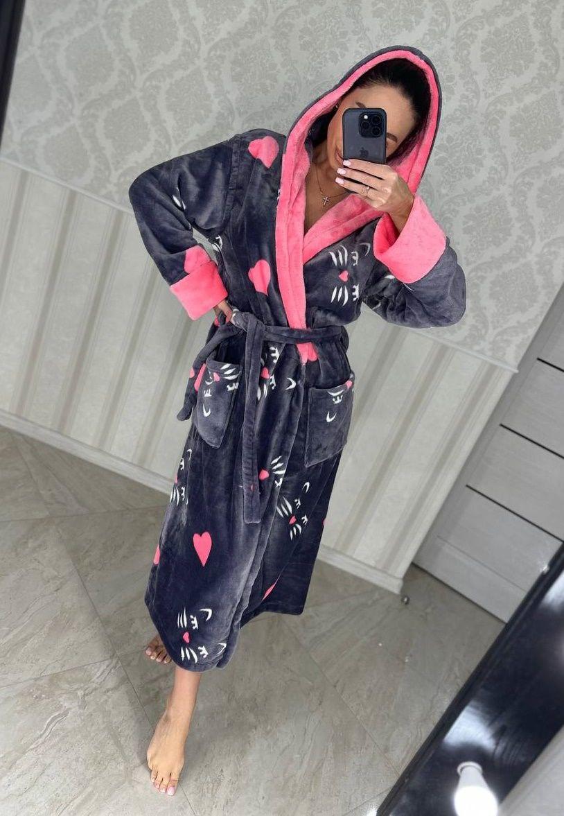 Гарний теплий жіночий довгий махровий халат із серцями Туреччина, фото 1