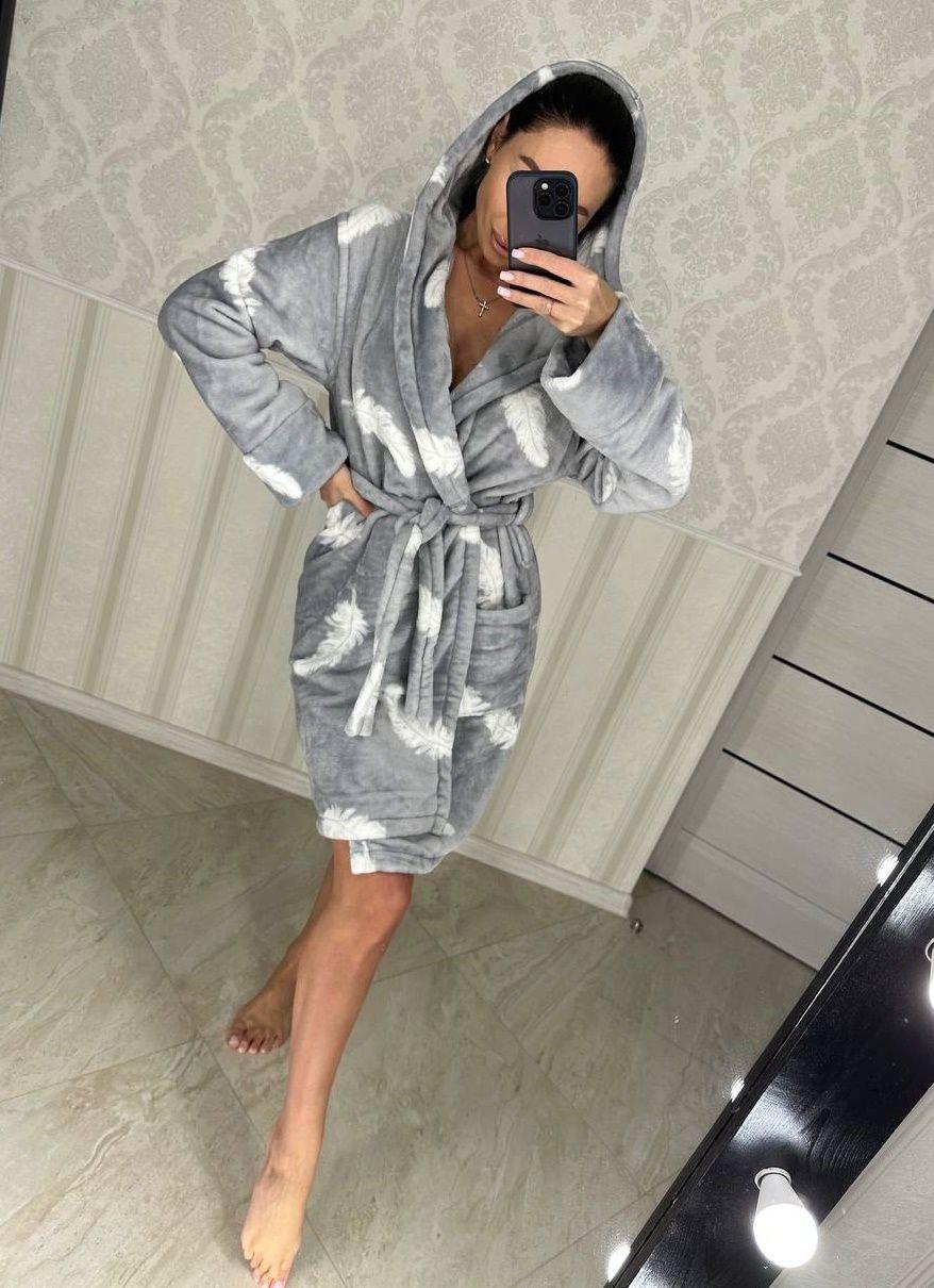 Жіночий теплий короткий махровий халат із пір'ям Туреччина