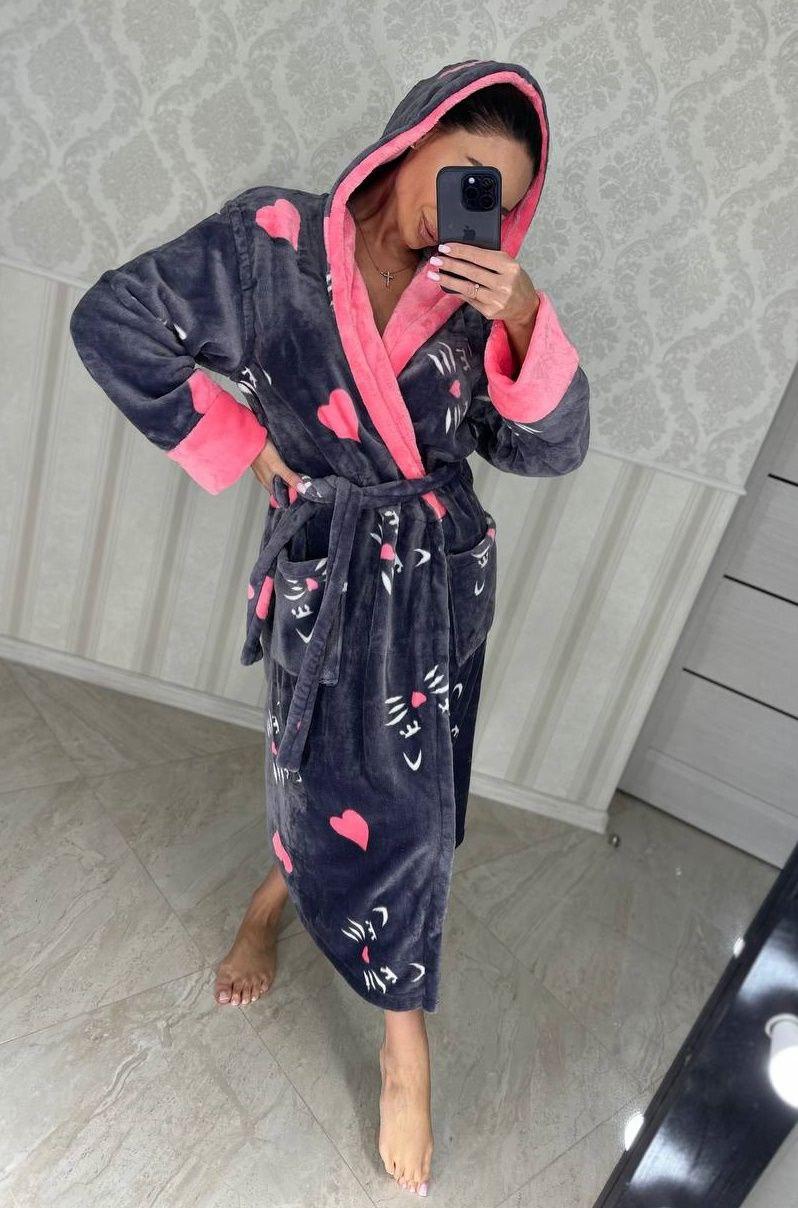 Гарний теплий жіночий довгий махровий халат із серцями Туреччина