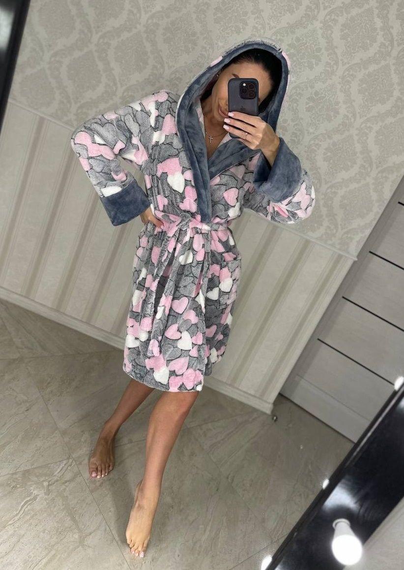 Короткий теплий махровий халат із серцем Туреччина