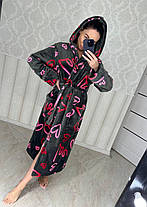 Жіночий теплий халат із капюшоном і поясом чорний Туреччина, фото 4