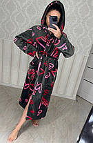 Жіночий теплий халат із капюшоном і поясом чорний Туреччина, фото 3