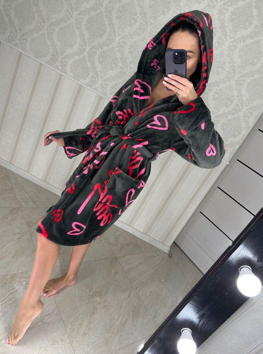 Жіночий теплий халат із капюшоном і поясом чорний Туреччина