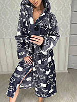 Теплый длинный женский махровый халат серого цвета с котами Турция