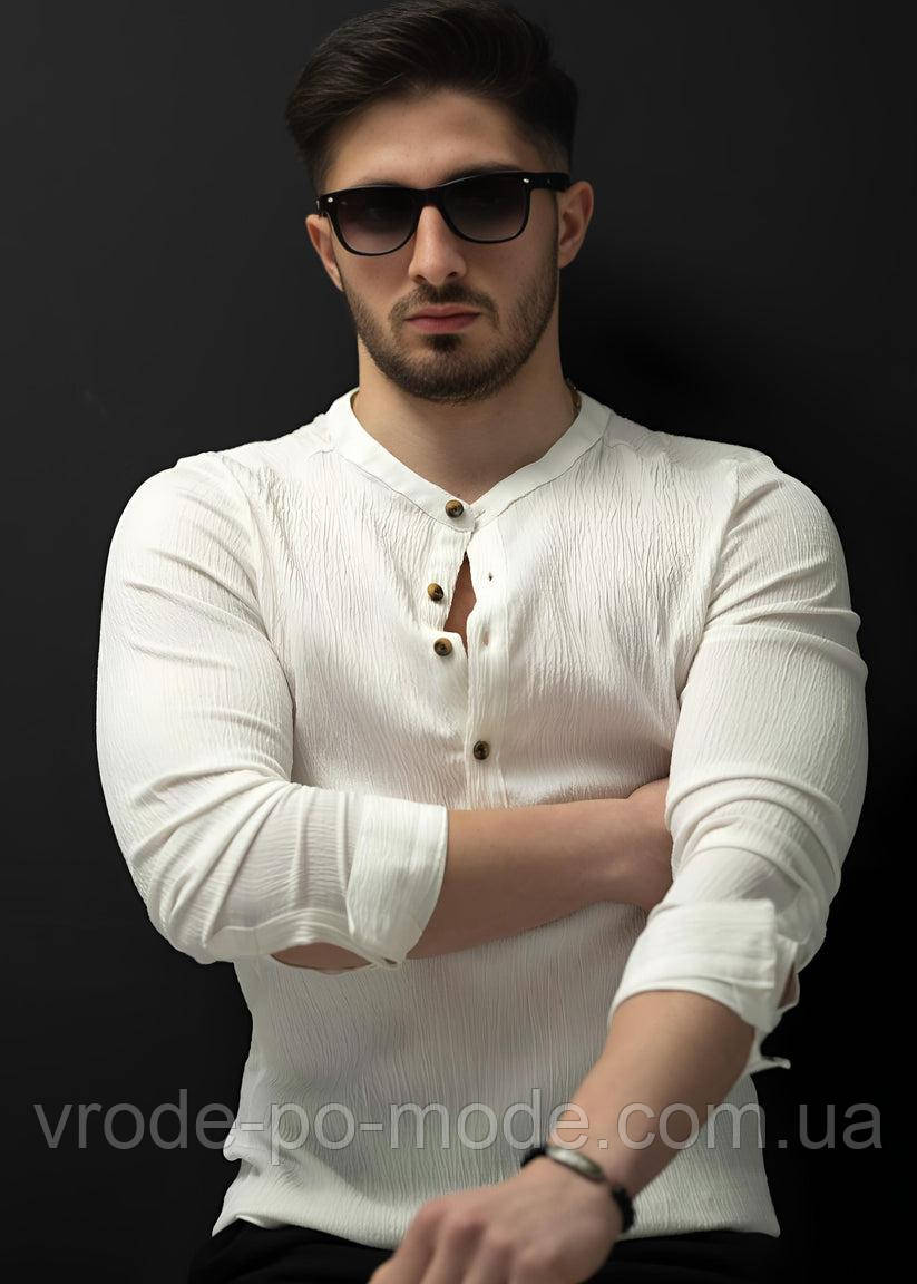 Стильна ошатна біла сорочка жатка з довгим рукавом, без коміра, через голову, Туреччина, великий асортимент, фото 1