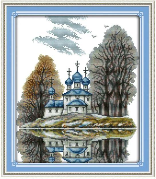 Набір для вишивання за нанесеною на канву схемою "Blue castle". AIDA 14CT printed 32*37 см, фото 1