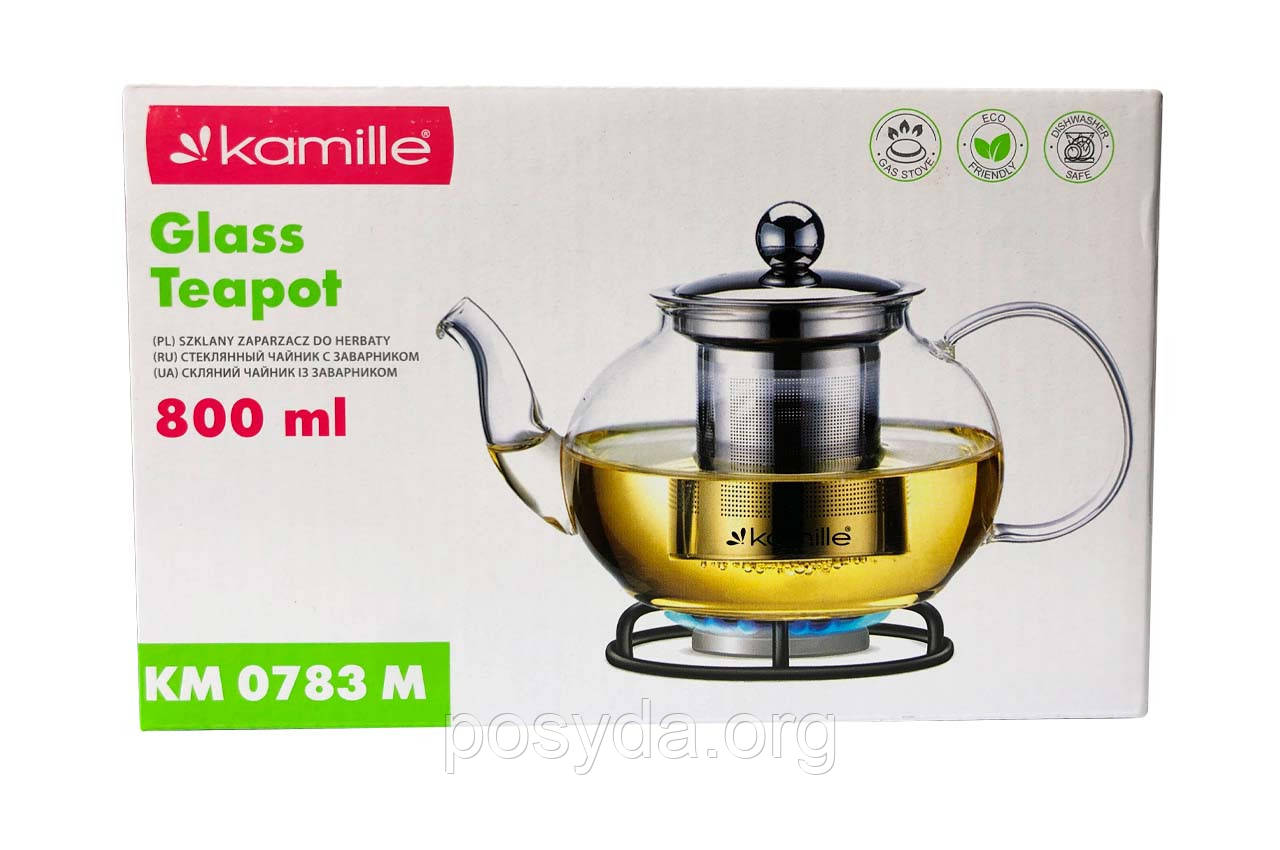 Чайник скляний заварювальний Kamille 800мл зі знімним ситечком (KM-0783M)