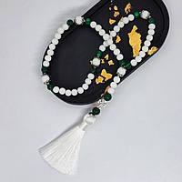 Четки з натурального каміння малахіт і агат білий на 50 намистин