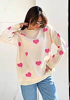 Женский вязаный свитер с принтом сердечко повседневный в фасоне оверсайз (р. 42-46) 55KF3282