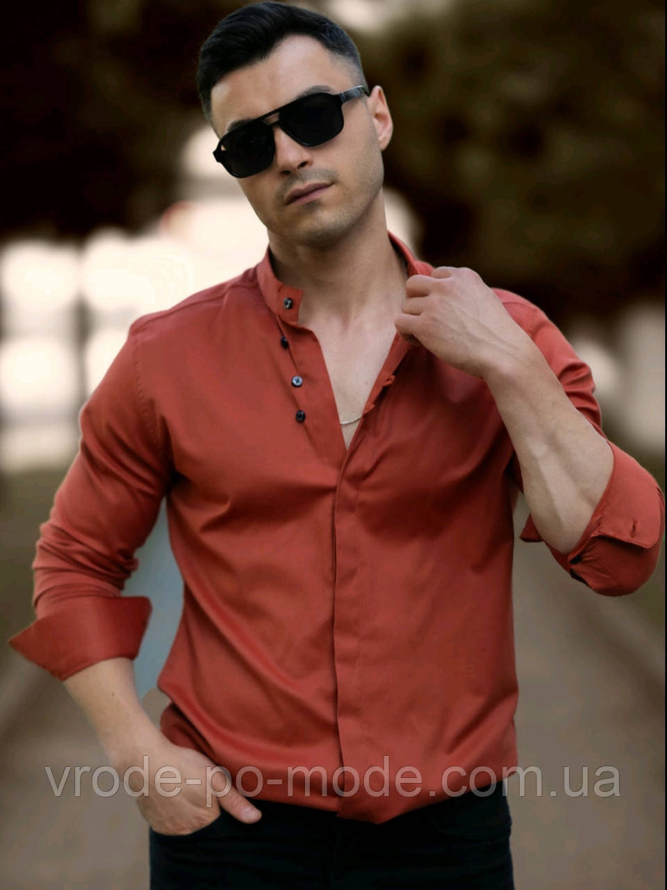 Червона чоловіча сорочка кежуал приталена, стильна ошатна базова, комір-стійка, з довгим рукавом Туреччина, асортимент