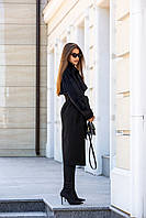 Черное длинное женское зимнее кашемировое двубортное пальто с поясом