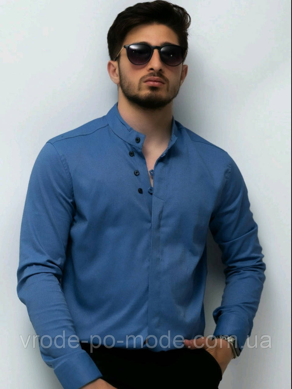 Стильна ошатна синя сорочка приталена кежуал, комір стійка, з довгим рукавом Туреччина, асортимент