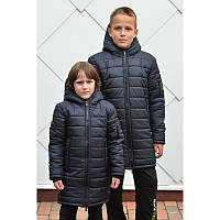 Детская зимняя удлиненная куртка / пальто пуховик для мальчика Pleses, цвет темно-синий, размеры 122-170