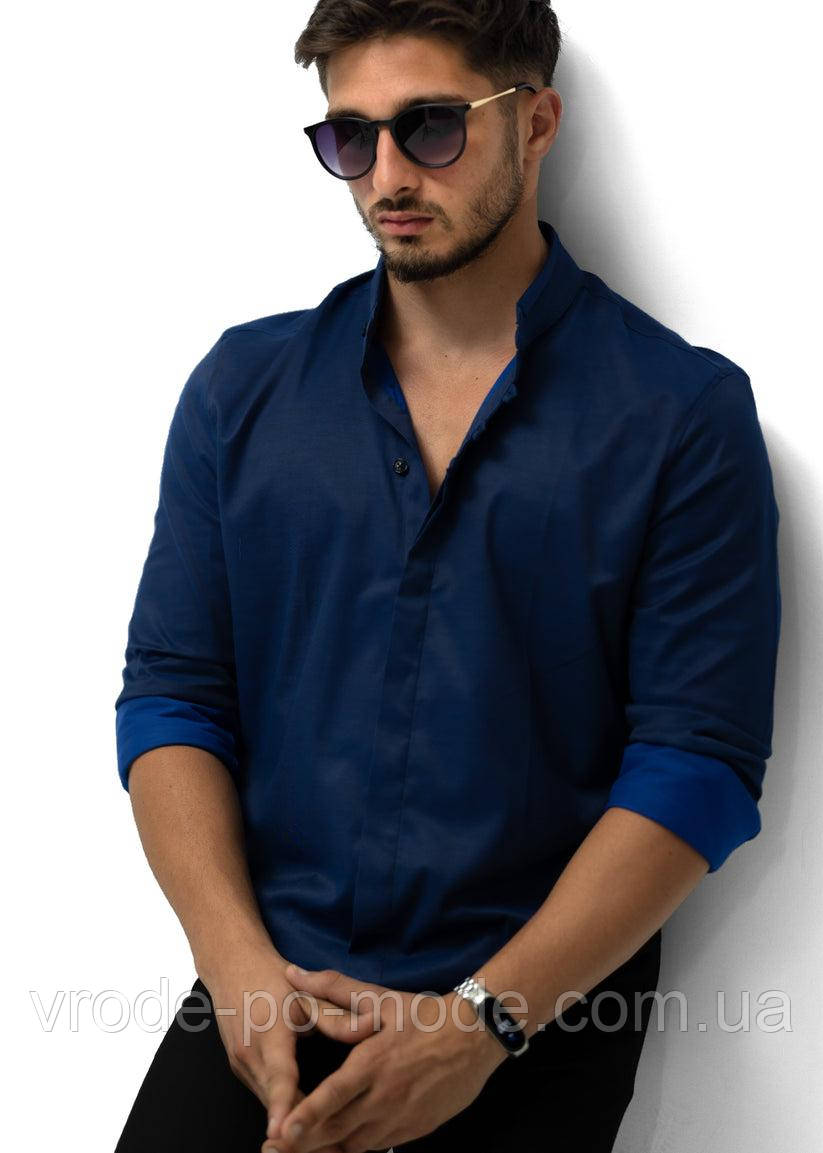 Стильна сорочка чоловіча темно синя, ошатна з довгим рукавом комір-стійка, Туреччина, великий асортимент