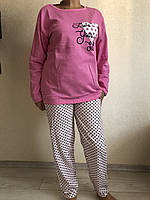Пижама женская байковая Розовая горох большие размеры