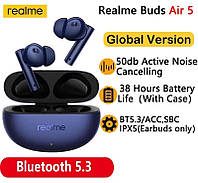 Realme Buds Air 5 (Blue) - наушники tws с BT5.3 / ANC 50dB / APP / 45ms. / 6mic. /7+31ч.звуку!
