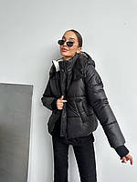 Женская куртка с капюшоном короткая пуховик с карманами стильная теплая черный, беж, молоко, пыльно-лиловый