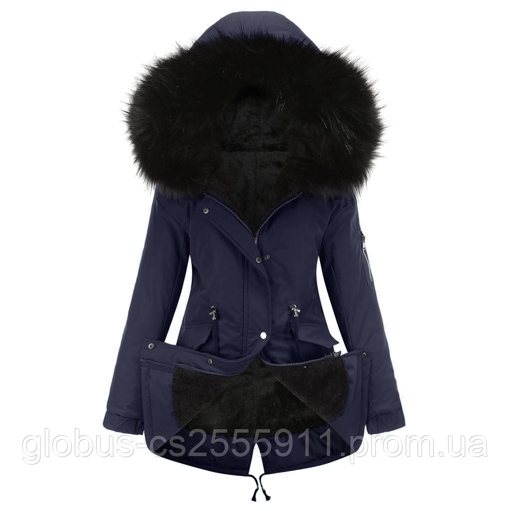 Парка зимова жіноча куртка на хутрі темно-синя (+ великі розміри)