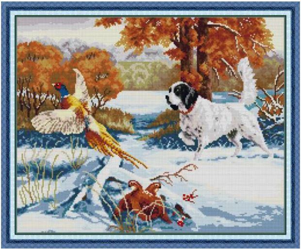 Набір для вишивання за нанесеною на канву схемою "Hound and Pheasant". AIDA 14CT printed 50*42 см