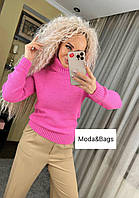 Женский вязаный зимний гольф свитер кофта с горлом розовый оверсайз р.44