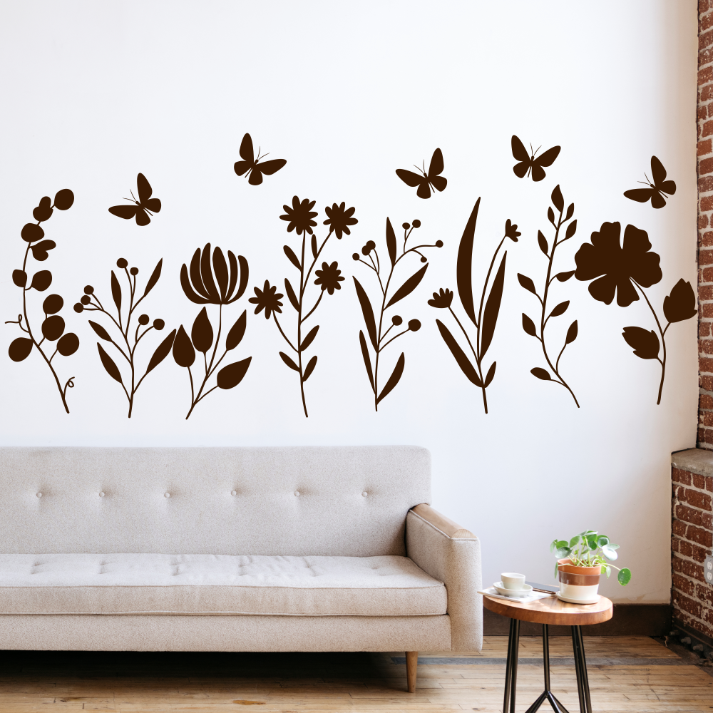Интерьерная наклейка на стену Тонкие растения Набор S (полевые цветы 8 веточек 5 бабочек) матовая Коричневый - фото 2 - id-p1983515873