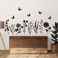 Інтер'єрна наклейка на стіну Тонкі рослини Набір S (польові квіти 8 гілочок 5 метеликів) матова Коричневий
