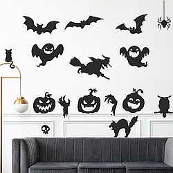 Наклейки на стіну Страшний Хеллоуїн (відьма привид гарбуза коти руки сова павук череп) Чорний матовий