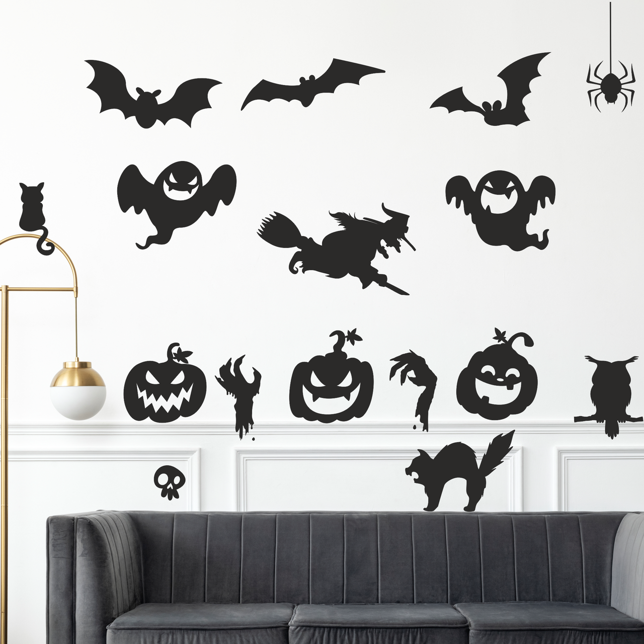 Наклейки на стену Страшный Хэллоуин (ведьма привидения тыквы коты руки сова паук череп) Черный матовый - фото 1 - id-p1983515889