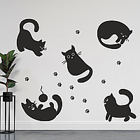 Интерьерные наклейки Коты Лапки Следы Набор 5 котов 10 лапок (самоклейка декор детской) матовая Черный